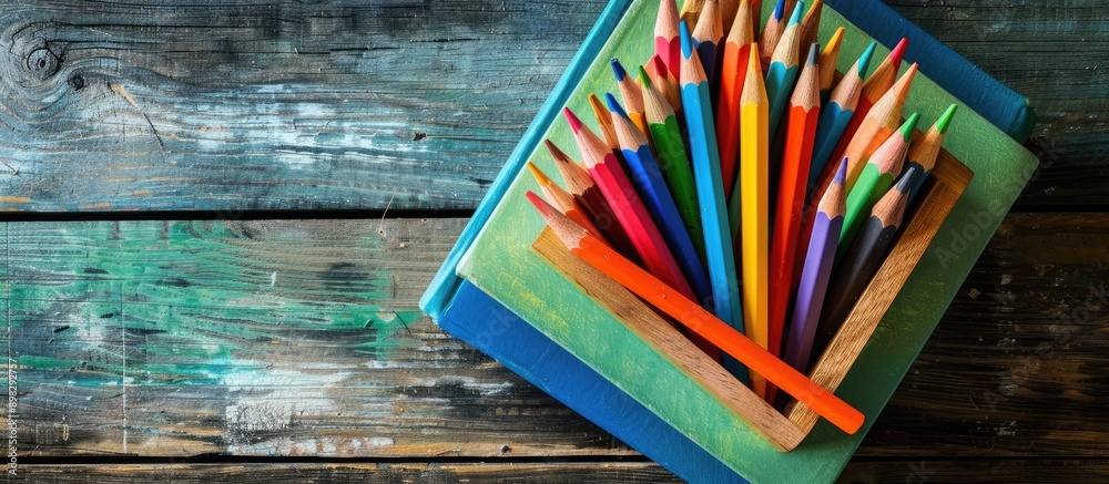 Poster colorful pencils neatly arranged in a box on top of a book ideal for a back to school theme with ava
