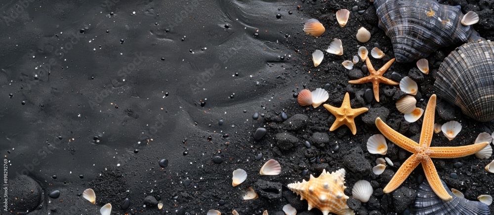 Aufkleber a beach with dark volcanic sand incorporating seashells and starfish with a backdrop perfect for a c