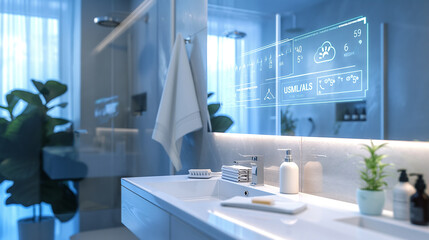 A high-tech smart mirror in a bathroom, displaying the weather, time, and other useful information