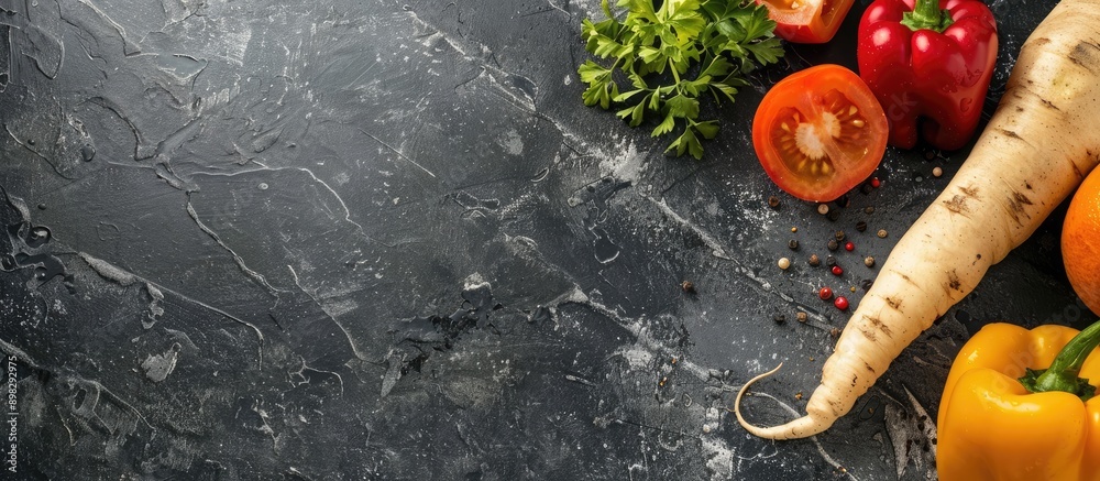 Poster Dark grey table with delicious baked parsnip and bell pepper on parchment suitable for copy space image