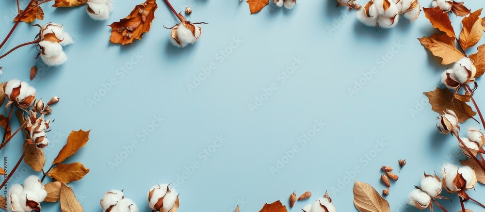 Aufkleber autumn themed flat lay showcasing a frame of cotton flowers and dried leaves on a light blue backgro
