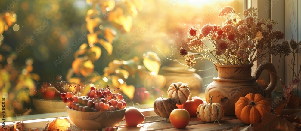 Poster a collection of autumn themed props bathed in golden afternoon sunlight creating a cozy ambiance for