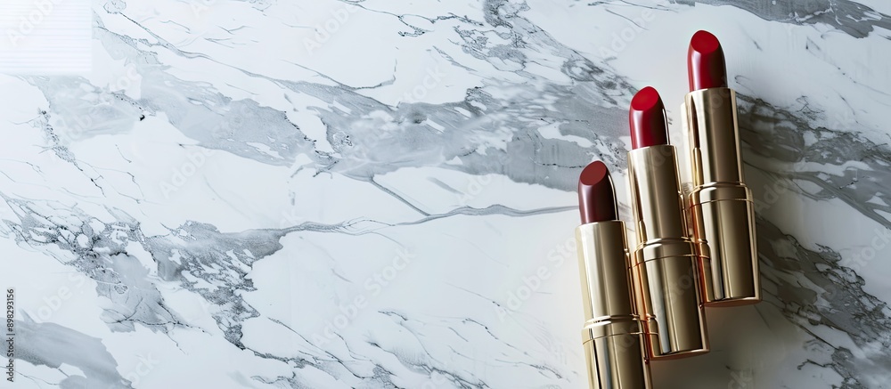 Poster Cosmetic items such as lipsticks displayed on a marble backdrop with copy space image