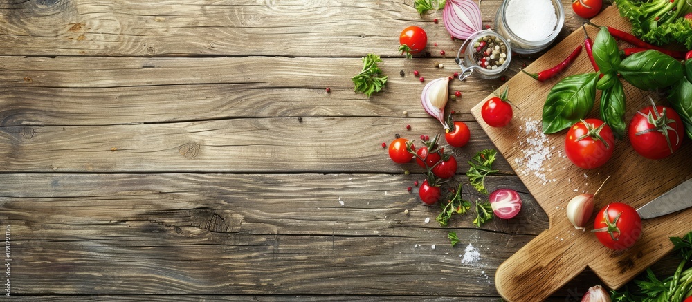 Poster Top down view of a cutting board with salad ingredients featuring a copy space image for text placement