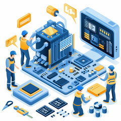 Obraz premium A group of men are working on a computer monitor. Concept of teamwork and collaboration as the men work together to fix the computer. The blue and yellow colors of the men's clothing