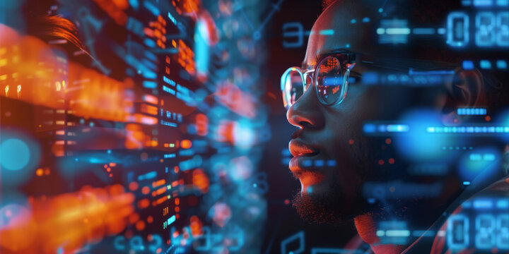  cyber security threat illustration, IT specialist analyzing data information technology, augmented reality artificial intelligence collage, side profile, copy space