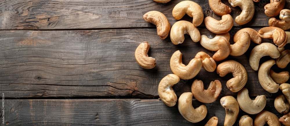 Poster top view of cashew nuts on a wooden table with ample copy space image
