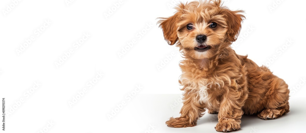 Poster Adorable Brown Maltipoo puppy isolated on a white background with a happy and funny expression suitable for advertising with ample copy space image