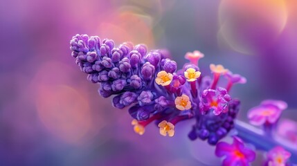  A tight shot of a purple bloom with yellow and orange blossoms at its stem's core, surrounded by an out-of-focus background