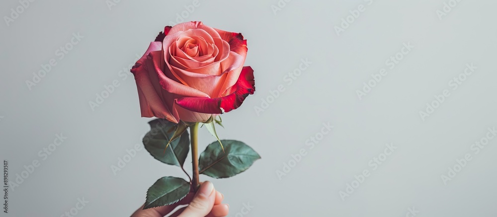 Aufkleber capture a stunning red and pink rose held in a hand set against a white background for a romantic va