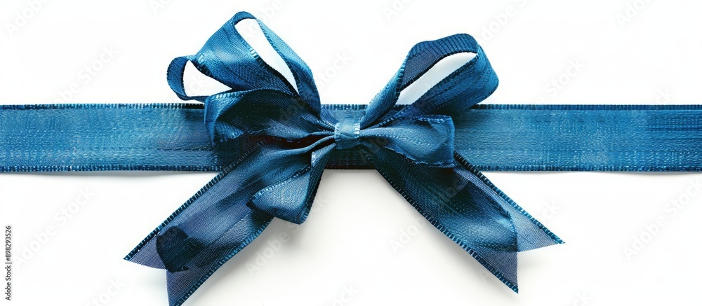 Poster blue gift bow and cross ribbon on white background with copy space image