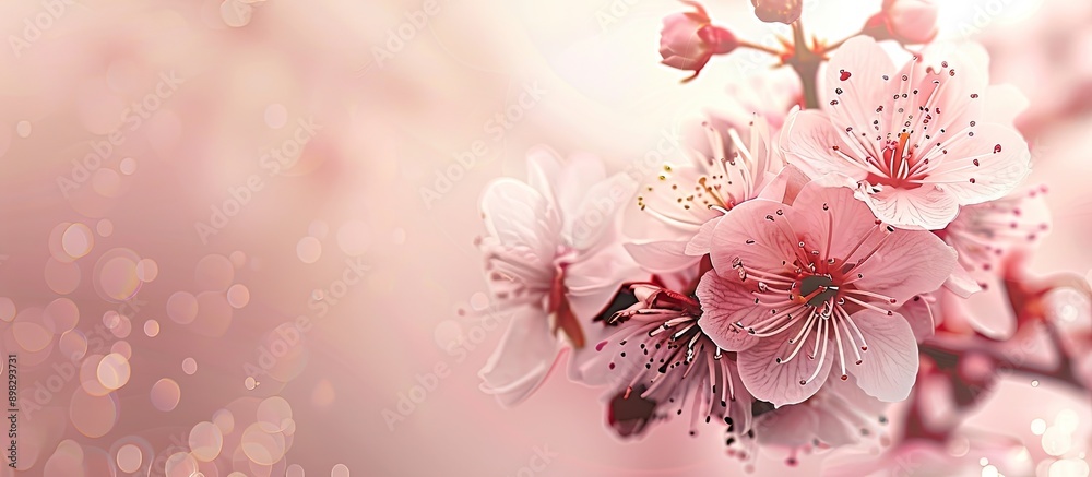Poster Cherry blossom on a spring tree branch against an artistic background with focus and room for text in the image. Creative banner. Copyspace image