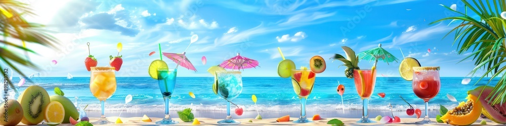 Aufkleber a row of colorful cocktails garnished with fruit and umbrellas sit on a beach with an ocean backdrop