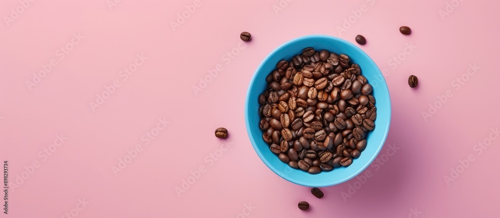 Poster view from above of a blue cup filled with coffee beans on a pink background surrounded by copy space