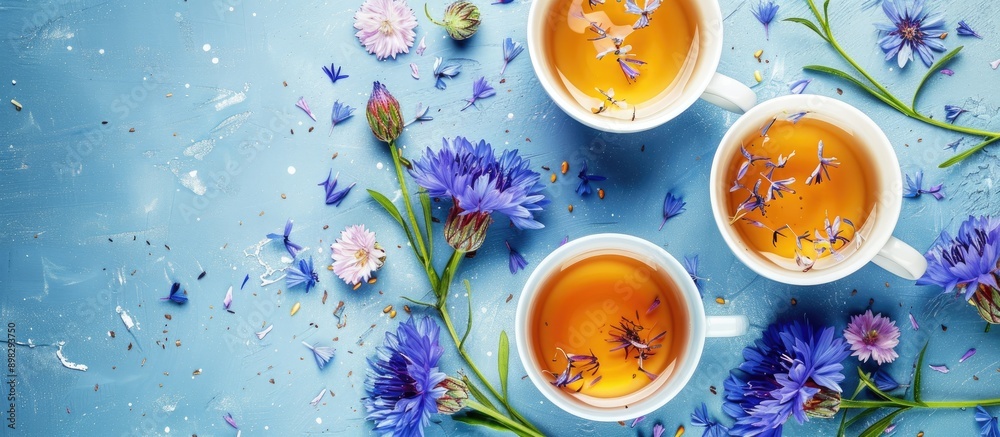 Poster a flat lay arrangement featuring tea and cornflowers on a bright tabletop with room for text in copy