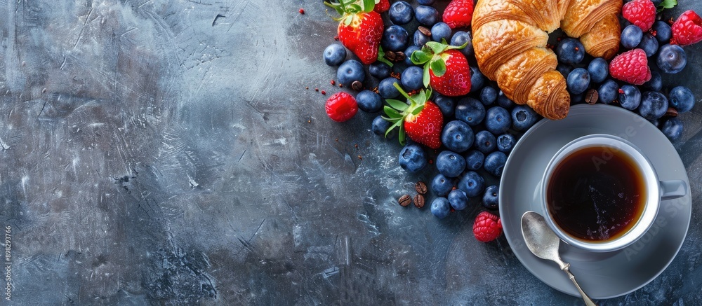 Poster top view of a breakfast themed image featuring fresh berries a croissant and coffee designed with sp