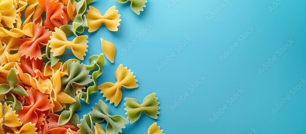 Poster blue background complements a variety of colorful pasta shapes arranged flat on a table perfect for 