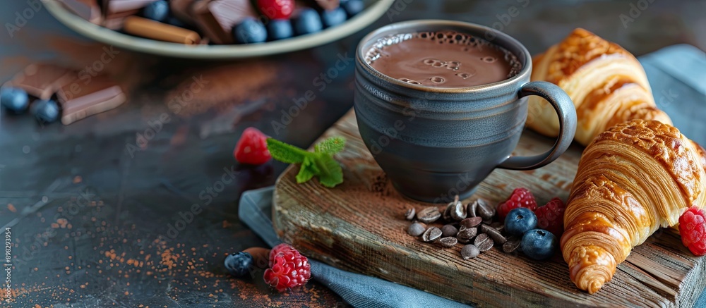 Poster a cozy image of hot chocolate with french croissants berries on a wooden board suitable for adding t