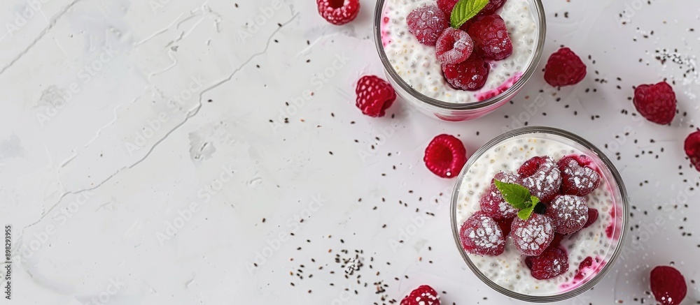 Poster An aerial view of a breakfast presentation featuring chia pudding with frozen raspberries and cottage cheese in two small clear glasses with a copy space image