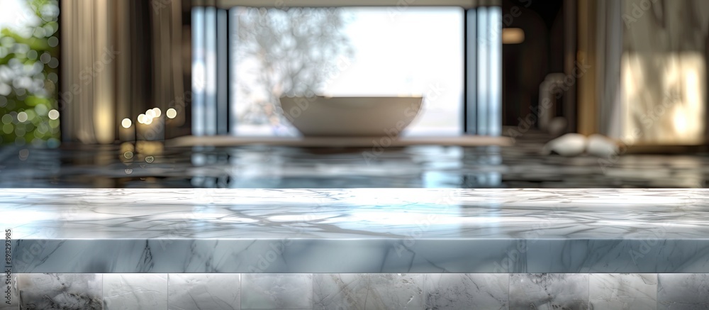 Poster blank marble table with blurred bathroom backdrop suitable for product display montage features ampl