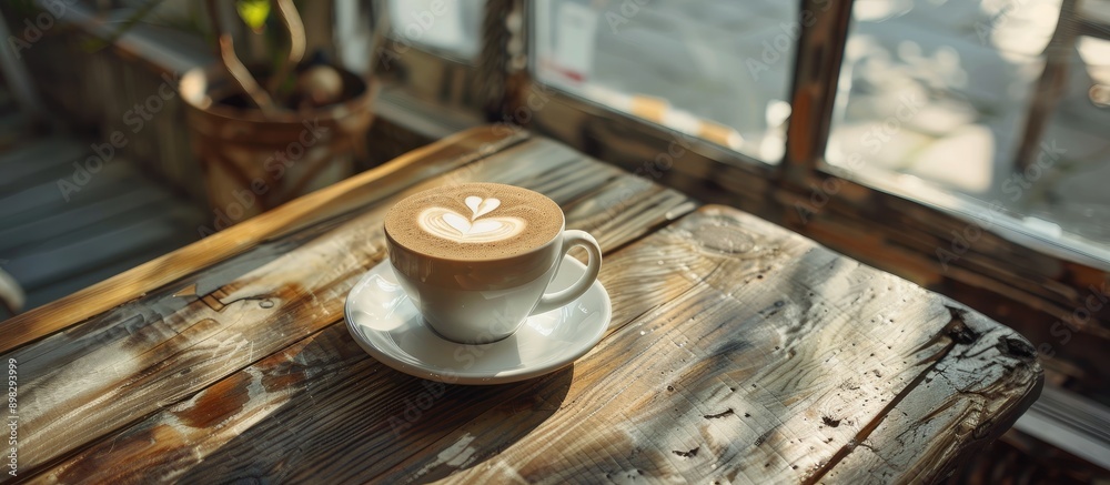 Leinwandbilder a cappuccino with heart shaped latte art foam on a wooden table near a window with a light shade cre