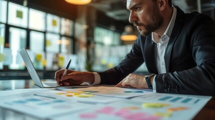 Businessman from the side, examining a strategic improvement plan on paper
