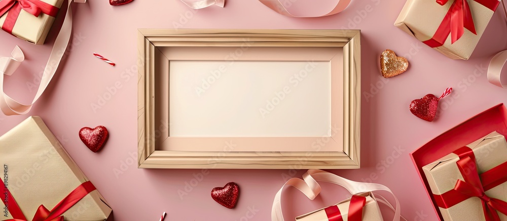 Poster celebrate valentine s day with an empty wooden frame a gift box and presents arranged on a pink back