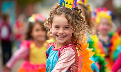 Fototapeta premium Vibrant Children's Parade: Colorful Celebration of Youth and Joy in AI-Generated 4K Wallpaper. Festive Holiday Atmosphere with Diverse Kids Marching, Waving Flags, and Showcasing Unique Personalities.