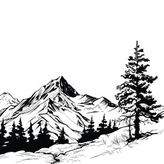 Mountains and pine trees vector black illustration. Sketch art