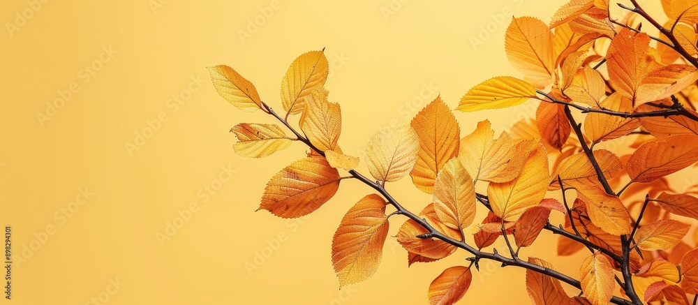 Poster Autumn tree branch close up on a light yellow background ideal for design projects with copy space image for text in a web banner