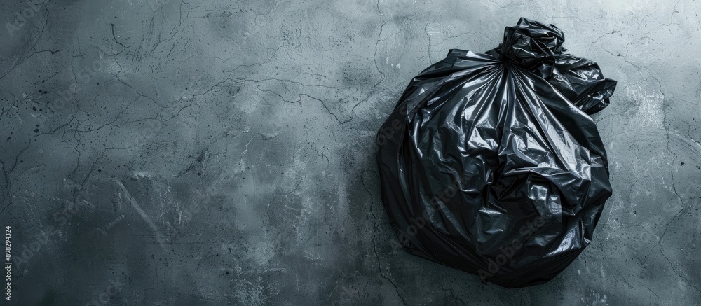 Aufkleber Black garbage bag filled with trash on a concrete floor background with copy space image
