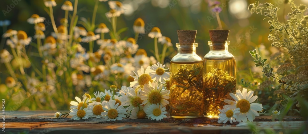 Poster bottles of medicinal herbs highlight chamomile oil extract with a selective focus on nature in a cop