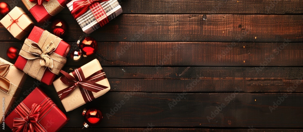 Poster Christmas gift boxes displayed on a wooden background with copy space image