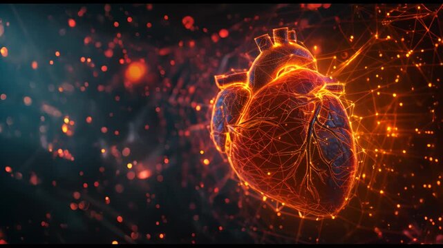 A heart is shown in a blue background with a red glow. The heart is surrounded by a web of lines, giving it a futuristic appearance. Concept of wonder and fascination with the human body