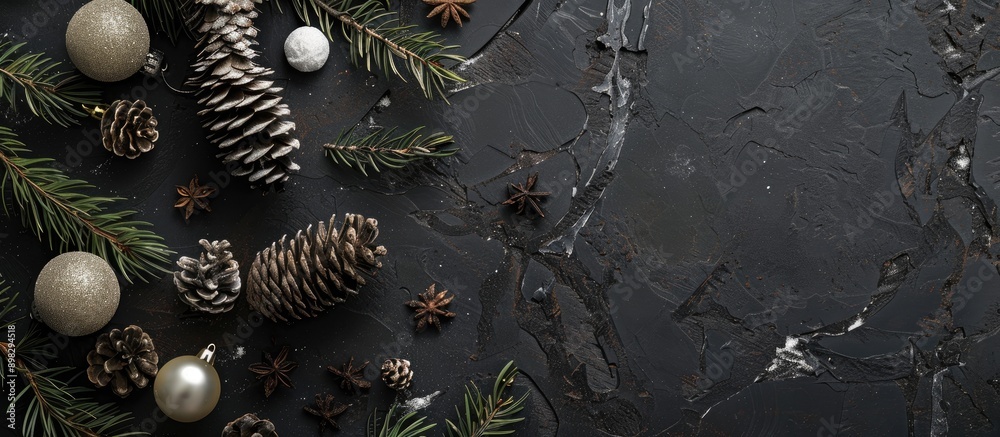 Leinwandbilder flat lay with christmas tree branches cones and white balls set against a black stone plate backgrou