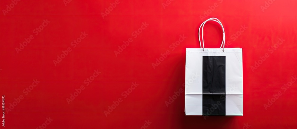 Aufkleber black friday themed white paper bag on a red backdrop with copy space image hinting at sales discoun
