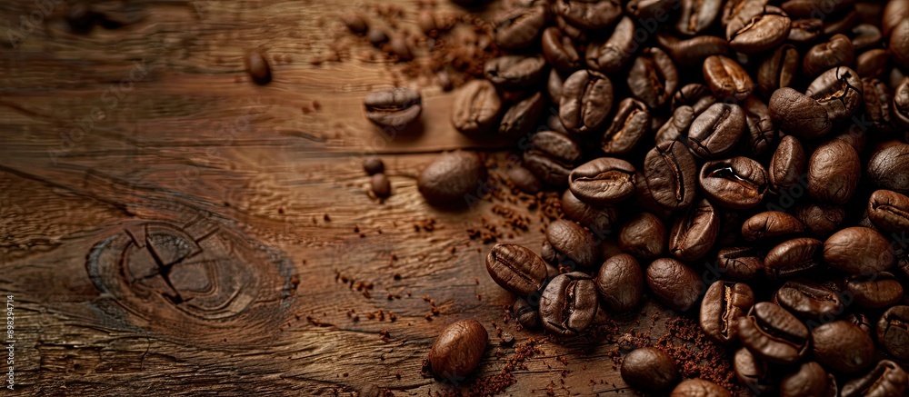 Aufkleber coffee beans roasted and displayed on a wooden table with copy space image