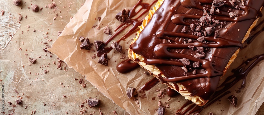 Fototapete chocolate topped eclair cake viewed from above with ample copy space for different images