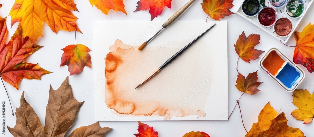 Poster autumn themed artist s workspace with a sheet of paper watercolor paint set brush and autumn leaves 