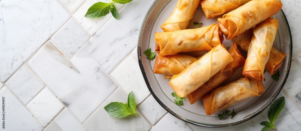 Aufkleber Delicious fried spring rolls arranged on a white tiled table in a top down view for text placement in the image. Creative banner. Copyspace image