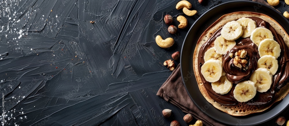 Poster Delicious thin pancakes with chocolate paste sliced banana and nuts on a black wooden background set against a blank space for text or images. Creative banner. Copyspace image