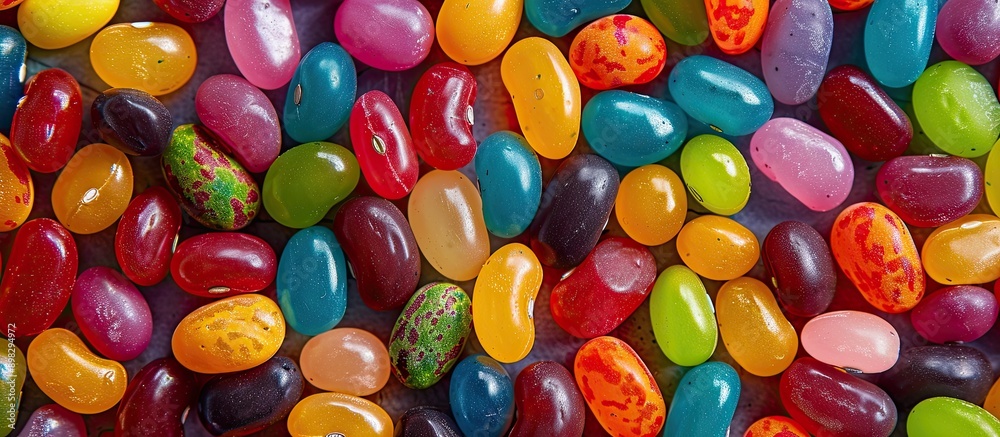 Poster A vibrant array of assorted sized jelly beans arranged near a copy space image