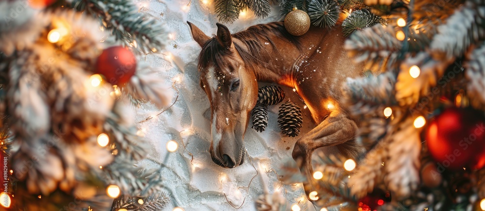 Leinwandbilder top view of a christmas composition with a horse spruce branches tinsel cones and lights featuring f