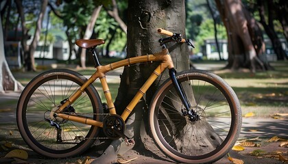 A bamboo bicycle leaning against a tree in a park, showcasing innovative and sustainable design in...