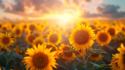 Fototapeta premium A vast sunflower field under scattered clouds; sun glowing through sky's cloud cover