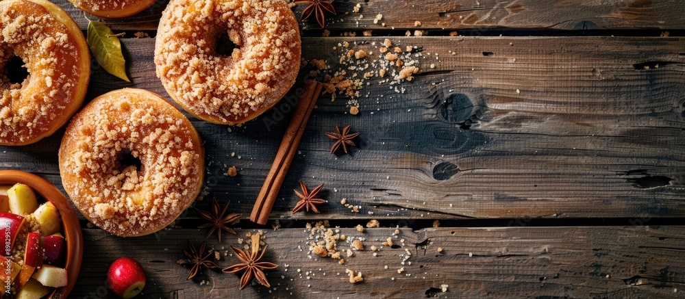 Poster delicious homemade apple cinnamon donuts with apple pie crumble and spices placed on a wooden table 