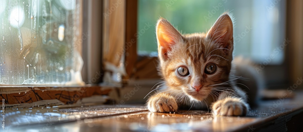 Poster Close up of a kitten on a windowsill with copy space image