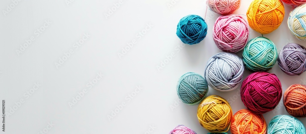 Poster Colorful yarn balls displayed on a white background with copy space image