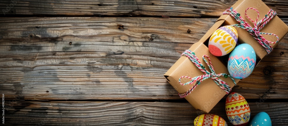 Aufkleber colorful easter eggs and a gift box displayed on a wooden background with ample copy space image