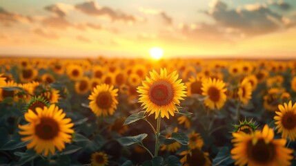 Fototapeta premium A sunset scene with a vast sunflower field, sun sinking low, and clouds in the foreground